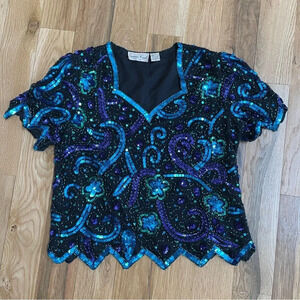 Vintage 80s Laurence Kazar hand-beaded sequin top, size petite Large; 100% silk